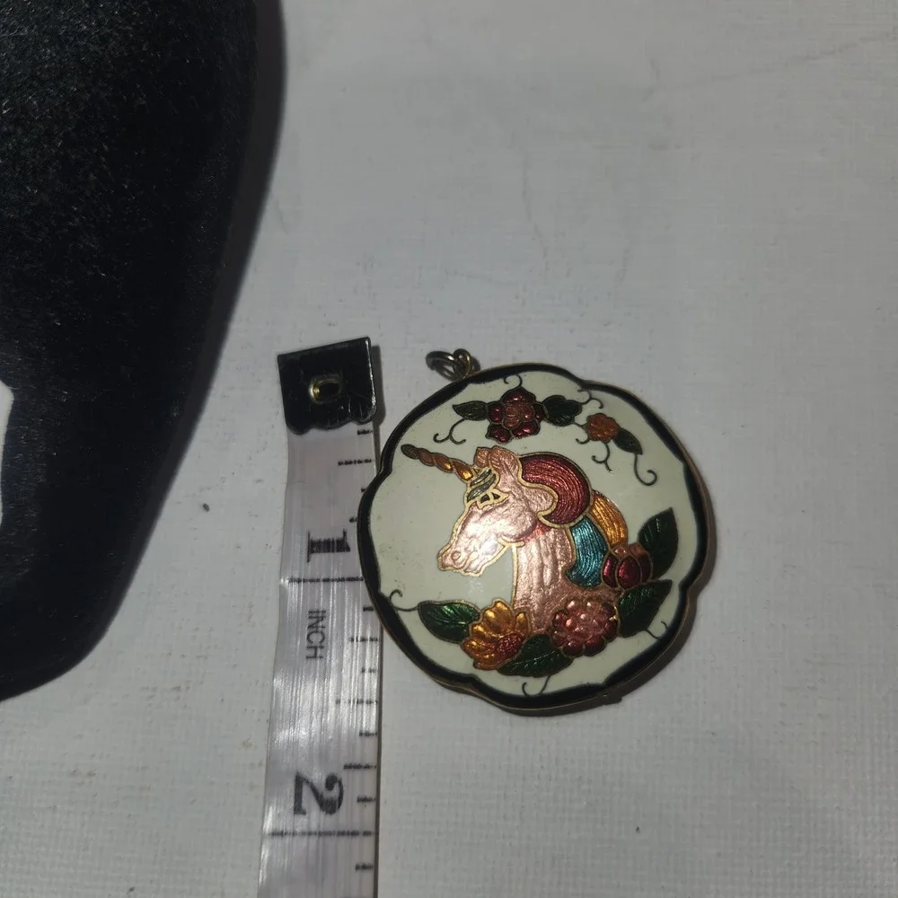 Vintage‎ Cloisonne Enamel Unicorn Pendant Floral Gold Tone Mythical Charm 1.5 In